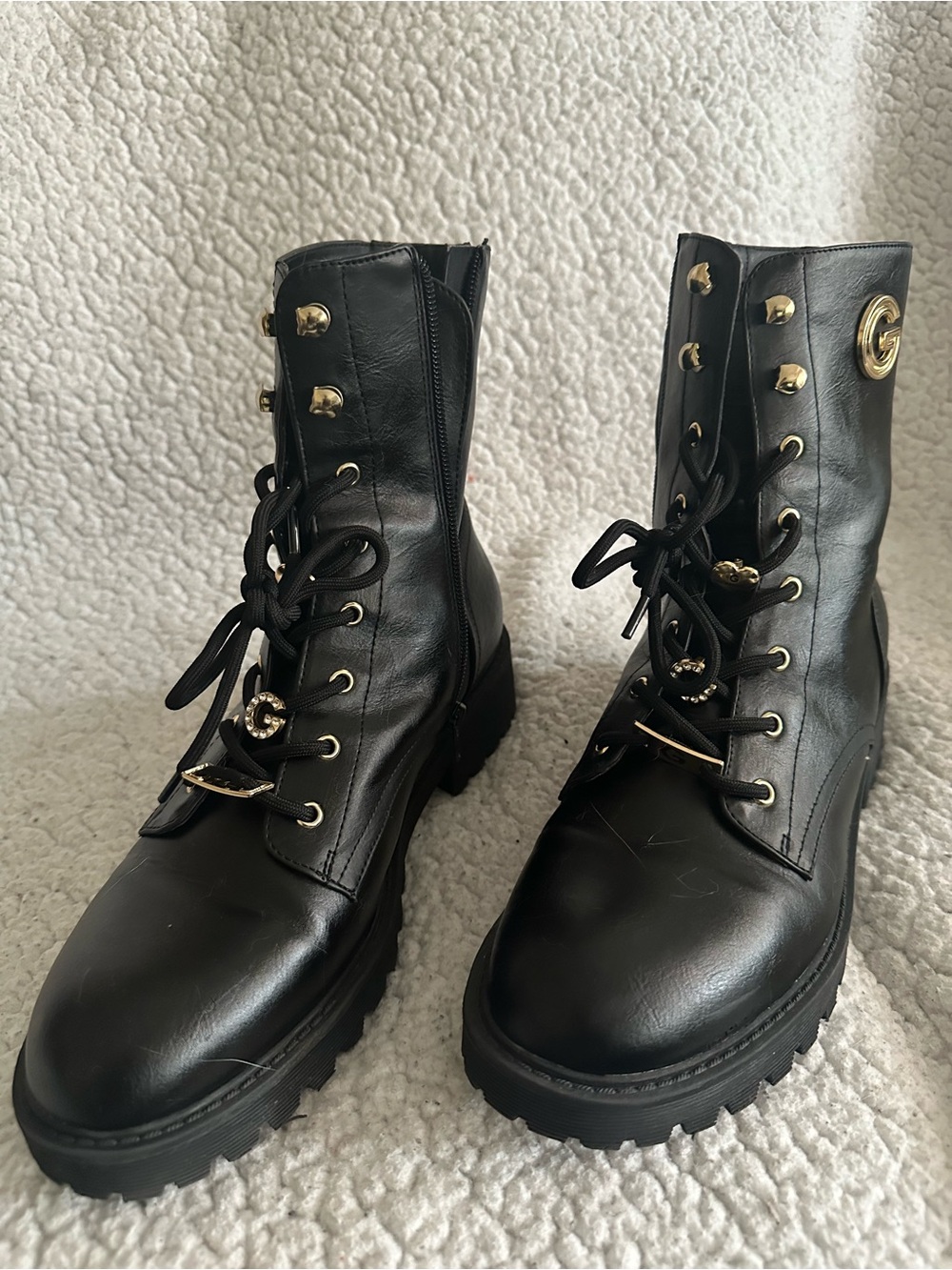 GBG Los Angeles Black Leather Lace-Up Combat Boots with Gold Accents